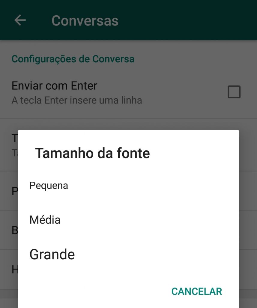 whastsapp tamanho da fonte nas mensagens